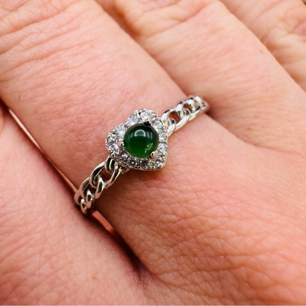 Sterling Silver Heart Ring with Green Gemstone and Clear Accents
